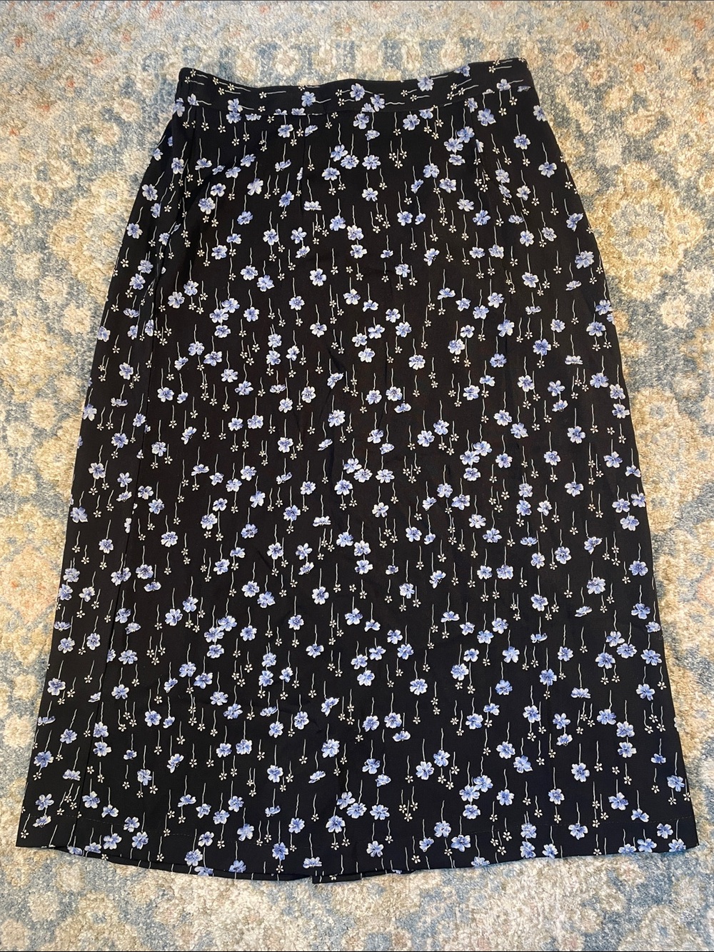 Sag Harbor Black Midi Skirt with Blue Floral Print